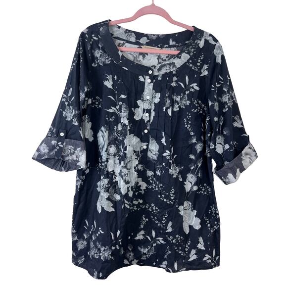 Soft Surroundings Blue Floral Tunic Top Roll Tab Sleeve Size L - Picture 11 of 11